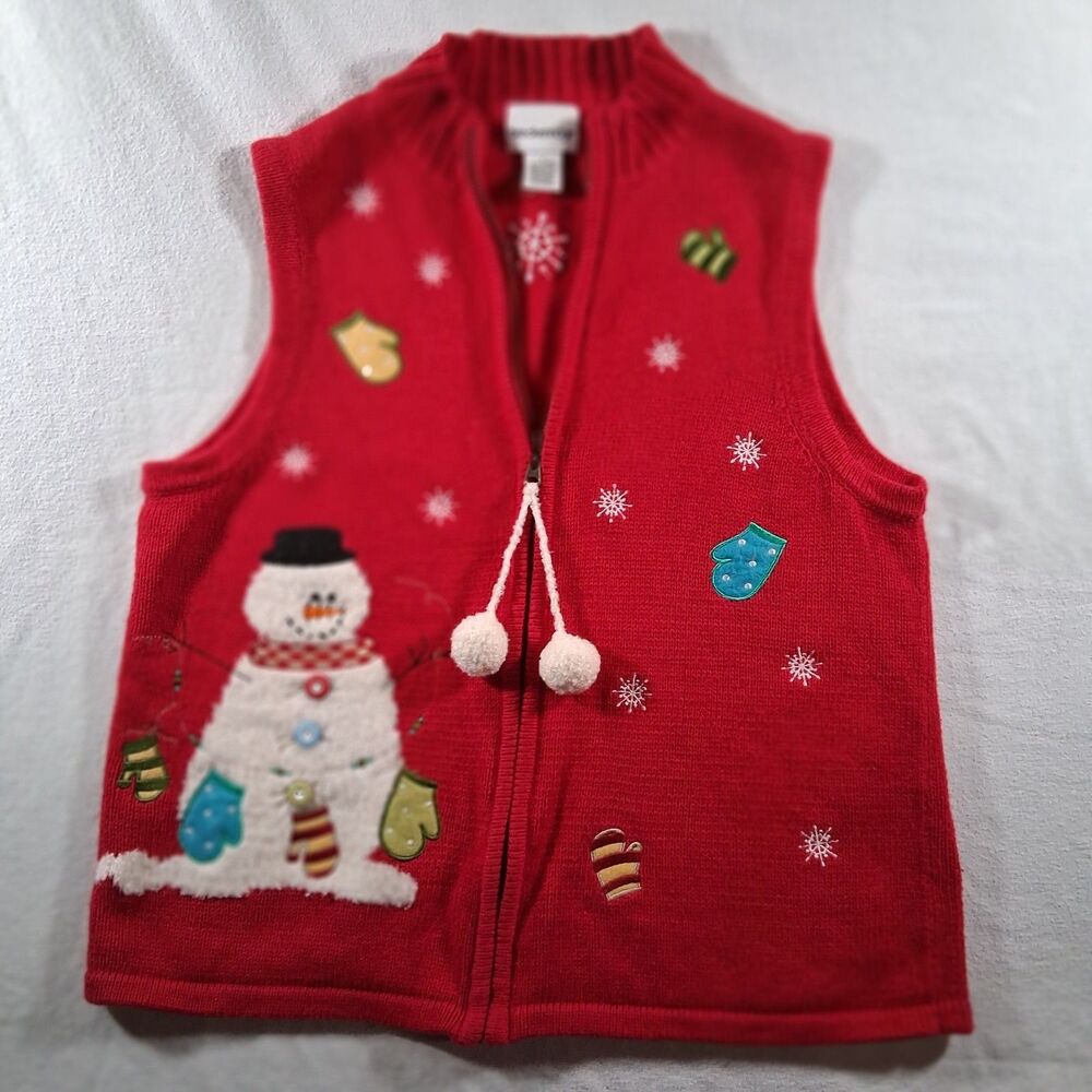 Breckenridge Snowman‎ Ugly Christmas Sweater Vest Red Zip Women Small Vintage